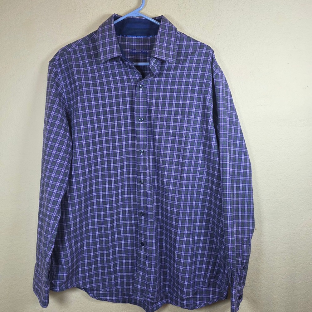 Tasso Elba Mens XL Purple Grey Plaid 100% Cotton Long Sleeve Button Down Shirt - Picture 1 of 7
